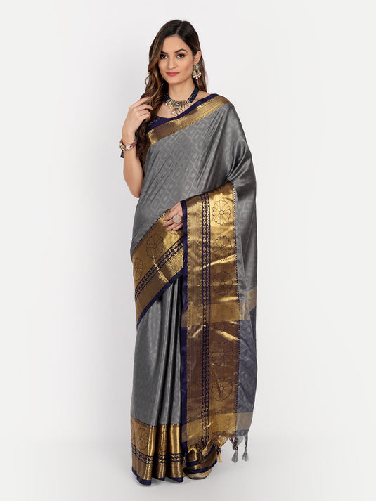 Villagius Jaccard Jaccard Embellished Zari Work Partywear Cotton Silk Grey Colour Honeybee_Grey Saree