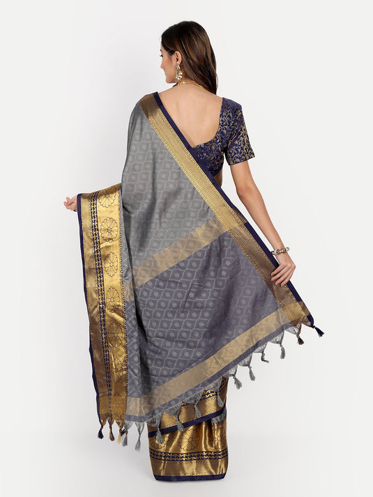 Villagius Jaccard Jaccard Embellished Zari Work Partywear Cotton Silk Grey Colour Honeybee_Grey Saree