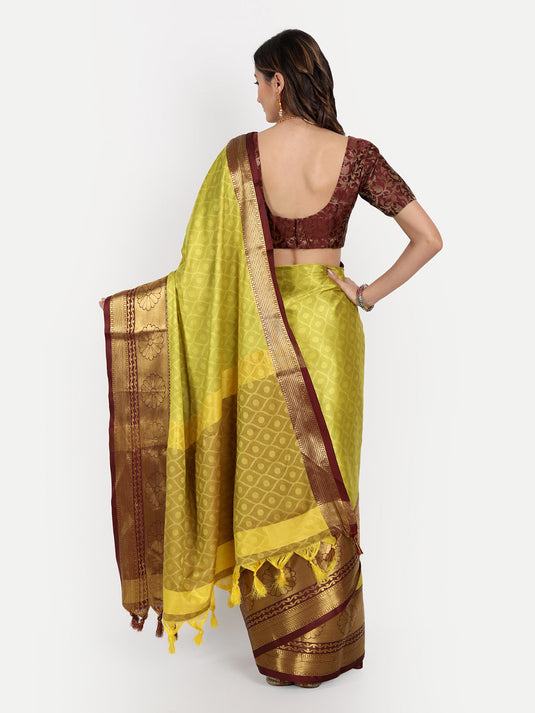 Villagius Jaccard Jaccard Embellished Zari Work Partywear Cotton Silk Lime Colour Honeybee_Lemon Saree