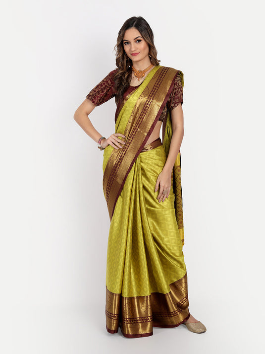 Villagius Jaccard Jaccard Embellished Zari Work Partywear Cotton Silk Lime Colour Honeybee_Lemon Saree