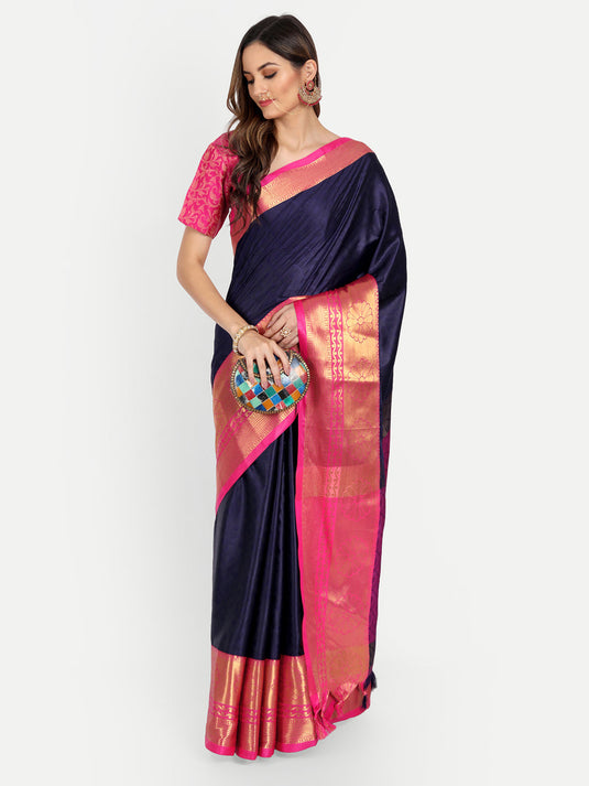 Villagius Jaccard Jaccard Embellished Zari Work Partywear Cotton Silk Navy Blue Colour Honeybee_Navy Saree