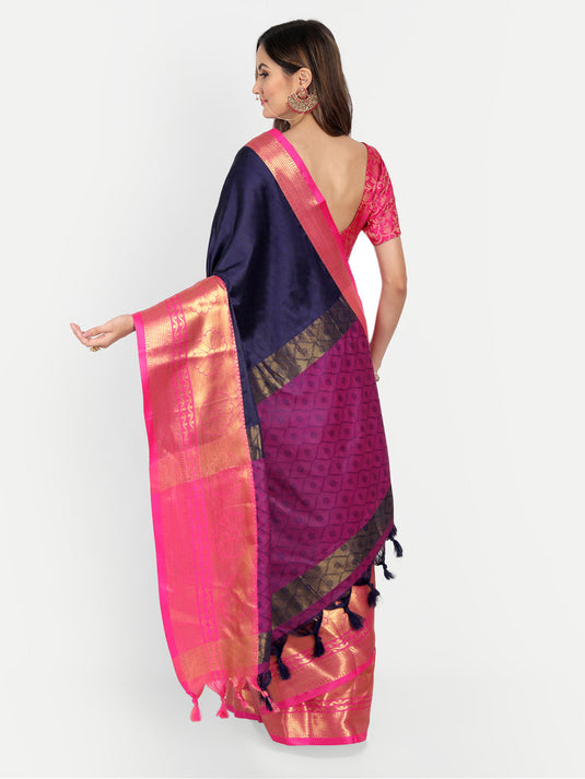 Villagius Jaccard Jaccard Embellished Zari Work Partywear Cotton Silk Navy Blue Colour Honeybee_Navy Saree