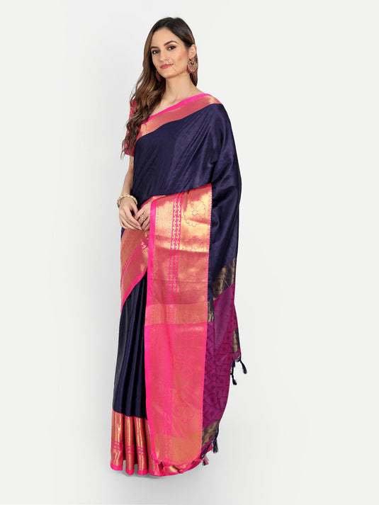 Villagius Jaccard Jaccard Embellished Zari Work Partywear Cotton Silk Navy Blue Colour Honeybee_Navy Saree