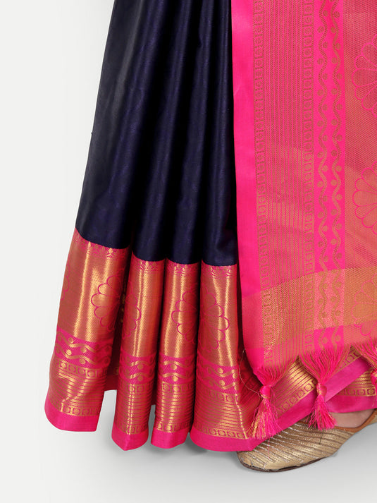 Villagius Jaccard Jaccard Embellished Zari Work Partywear Cotton Silk Navy Blue Colour Honeybee_Navy Saree