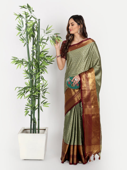 Villagius Jaccard Jaccard Embellished Zari Work Partywear Cotton Silk Olive Colour Honeybee_Olive Saree