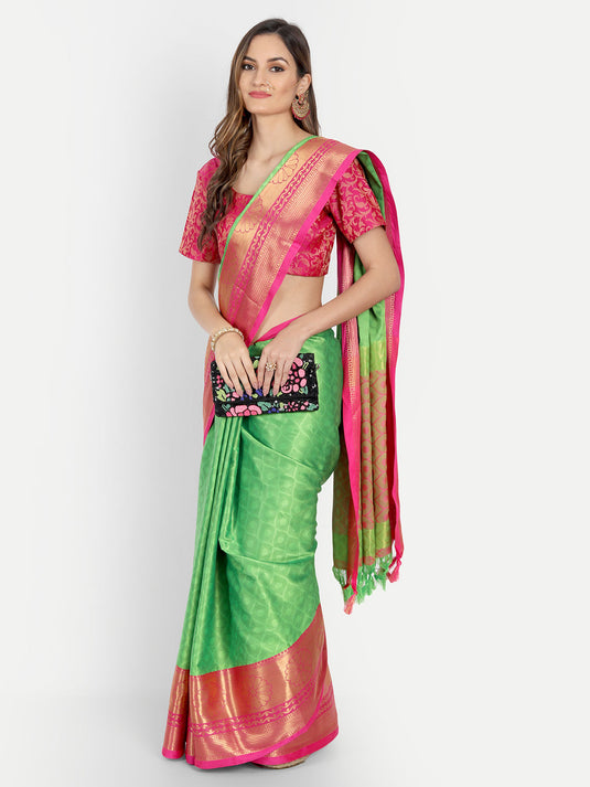 Villagius Jaccard Jaccard Embellished Zari Work Partywear Cotton Silk Parrot Colour Honeybee_Parrot Saree