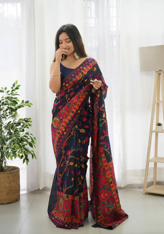 Villagius Navy Blue Cascade Banarasi Jacquard