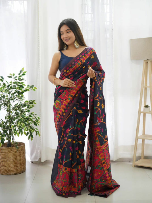 Villagius Navy Blue Cascade Banarasi Jacquard