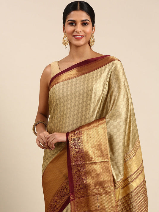 Villagius Jaccard Jaccard Embellished Zari Work Partywear Cotton Silk Beige Colour Isaro_Chiku Saree