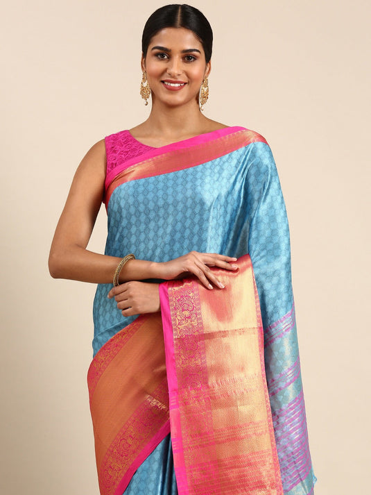 Villagius Jaccard Jaccard Embellished Zari Work Partywear Cotton Silk Turquoise Colour Isaro_Firozi Saree