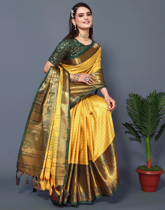 Villagius Jaccard Jaccard Embellished Zari Work Partywear Cotton Silk Yellow Colour Isaro_Yellow Saree