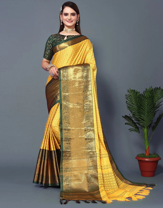 Villagius Jaccard Jaccard Embellished Zari Work Partywear Cotton Silk Yellow Colour Isaro_Yellow Saree