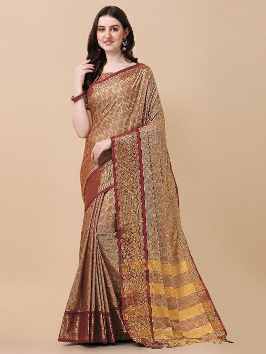 Villagius Woven Zari Border Everyday Cotton Silk Beige Color JUTH1_CHIKU Saree