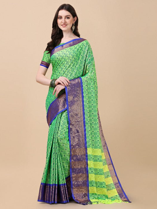 Villagius Woven Zari Border Everyday Cotton Silk Parrot Color JUTH1_PARROT Saree