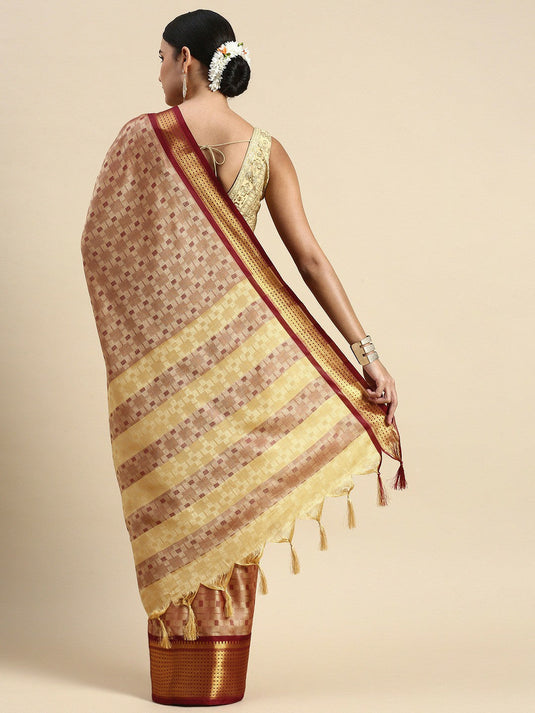 Villagius Woven Zari Border Everyday Cotton Silk Beige Color JUTHH_CHIKU Saree