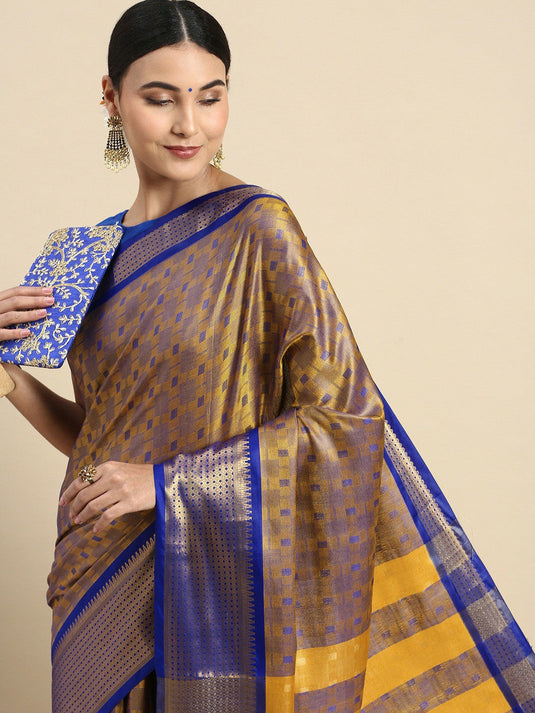 Villagius Woven Zari Border Everyday Cotton Silk Blue Color JUTHH_GOLDBLUE Saree