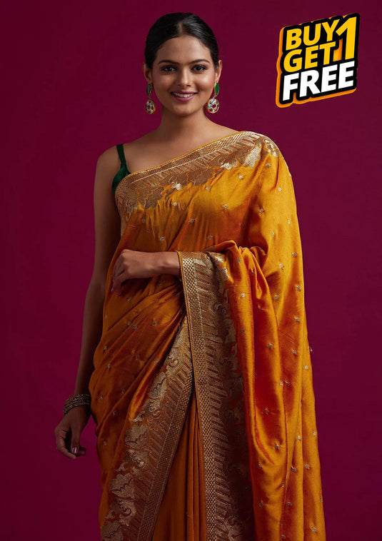 Villagius Embroidery Partywear Silk Zari Partywear Silk Musturd Color  Saree - Buy 1 Get 1 Free