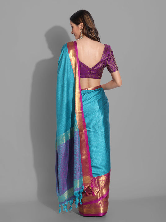 Villagius Jaccard Jaccard Embellished Zari Work Partywear Cotton Silk Turquoise Colour Kajal_Firozi Saree