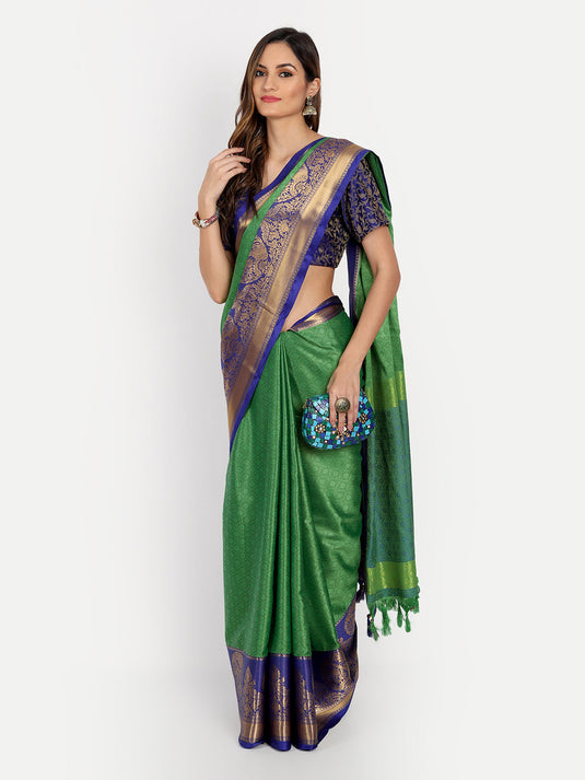 Villagius Jaccard Jaccard Embellished Zari Work Partywear Cotton Silk Green Colour Kajal_Green Saree