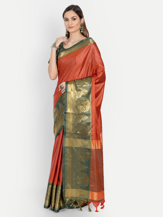 Villagius Jaccard Jaccard Embellished Zari Work Partywear Cotton Silk Orange Colour Kajal_Orange Saree