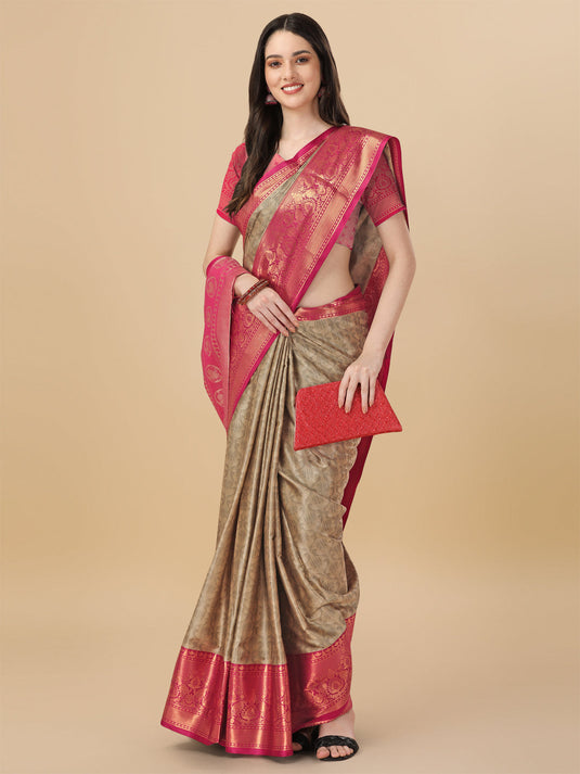 Villagius Jaccard Jaccard Embellished Zari Work Partywear Cotton Silk Beige Colour Kalki_Chiku Saree