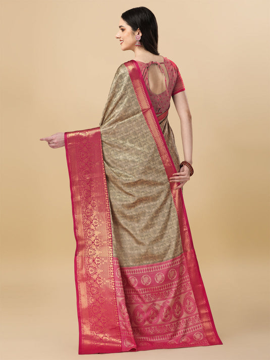 Villagius Jaccard Jaccard Embellished Zari Work Partywear Cotton Silk Beige Colour Kalki_Chiku Saree