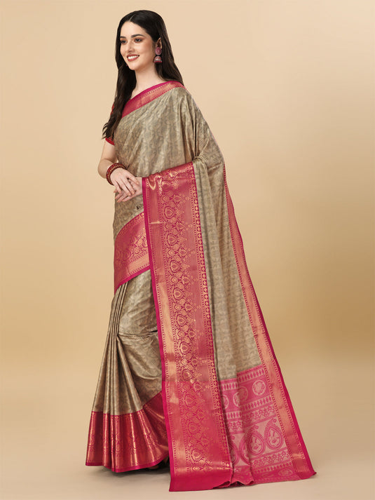 Villagius Jaccard Jaccard Embellished Zari Work Partywear Cotton Silk Beige Colour Kalki_Chiku Saree