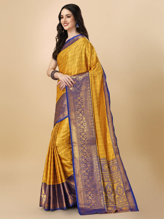 Villagius Jaccard Jaccard Embellished Zari Work Partywear Cotton Silk Yellow Colour Kalki_Yellow Saree