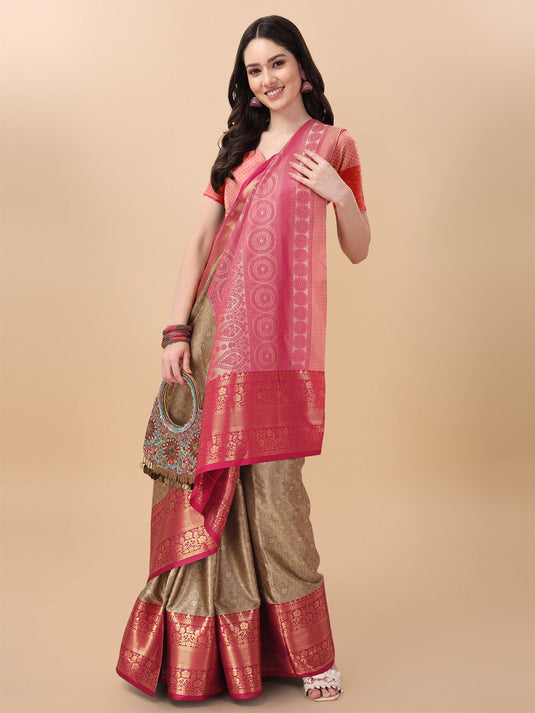 Villagius Jaccard Jaccard Embellished Zari Work Partywear Cotton Silk Beige Colour Kanta_Chiku Saree
