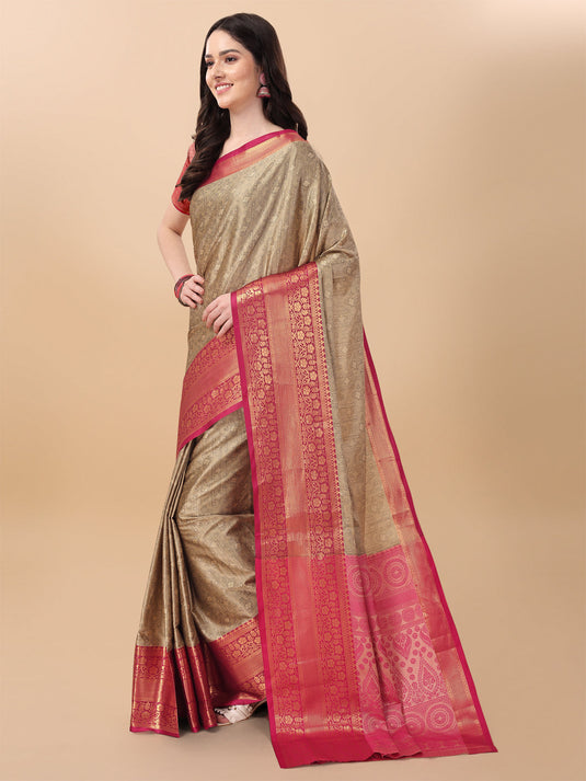 Villagius Jaccard Jaccard Embellished Zari Work Partywear Cotton Silk Beige Colour Kanta_Chiku Saree