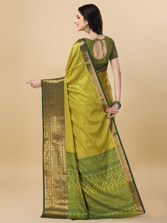 Villagius Jaccard Jaccard Embellished Zari Work Partywear Cotton Silk Lime Colour Kanta_Lemon Saree