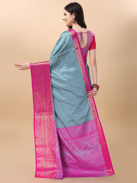 Villagius Jaccard Jaccard Embellished Zari Work Partywear Cotton Silk Turquoise Colour Kanta_Sky Saree