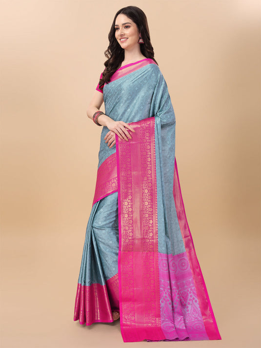 Villagius Jaccard Jaccard Embellished Zari Work Partywear Cotton Silk Turquoise Colour Kanta_Sky Saree