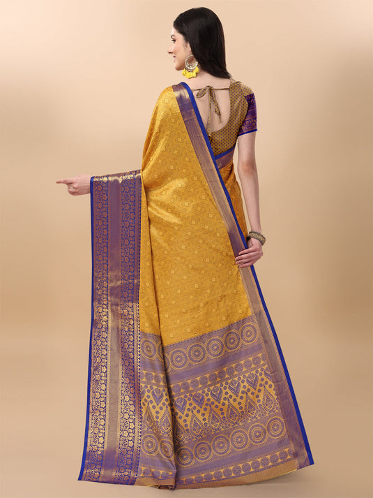 Villagius Jaccard Jaccard Embellished Zari Work Partywear Cotton Silk Yellow Colour Kanta_Yellow Saree