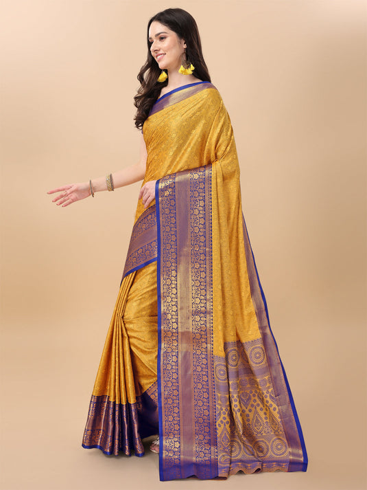 Villagius Jaccard Jaccard Embellished Zari Work Partywear Cotton Silk Yellow Colour Kanta_Yellow Saree