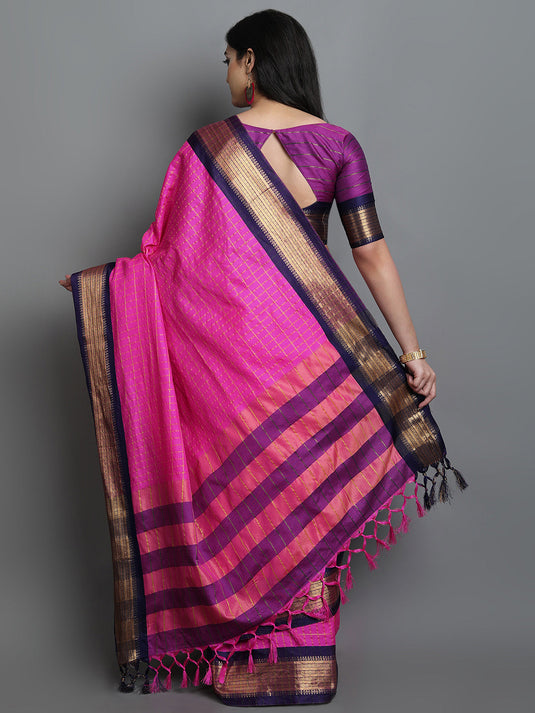 Villagius Jaccard Jaccard Embellished Zari Work Partywear Cotton Silk Pink Colour Karina_Pink Saree