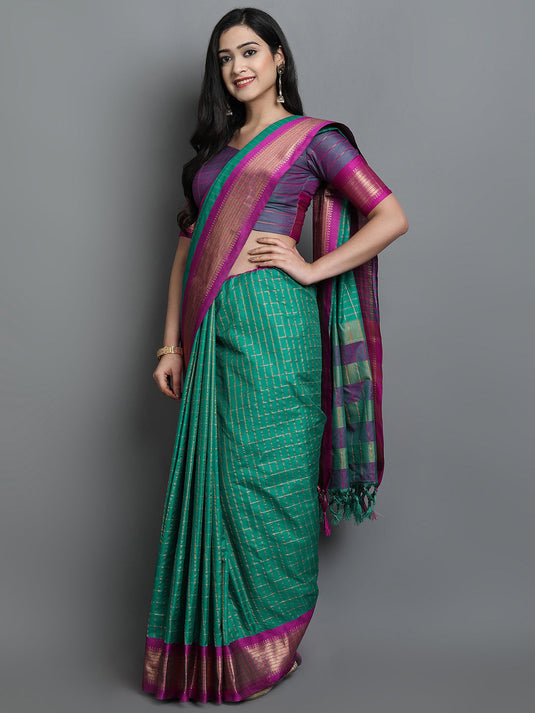 Villagius Jaccard Jaccard Embellished Zari Work Partywear Cotton Silk Rama Colour Karina_Rama Saree