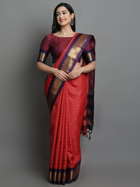 Villagius Jaccard Jaccard Embellished Zari Work Partywear Cotton Silk Red Colour Karina_Red Saree