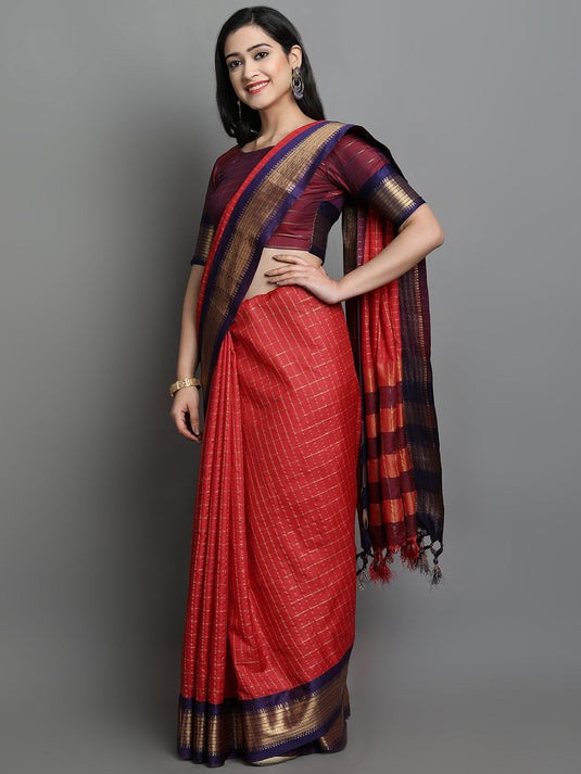 Villagius Jaccard Jaccard Embellished Zari Work Partywear Cotton Silk Red Colour Karina_Red Saree