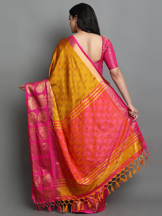 Villagius Jaccard Jaccard Embellished Zari Work Partywear Cotton Silk Gold Colour Karisma_Goldpink Saree