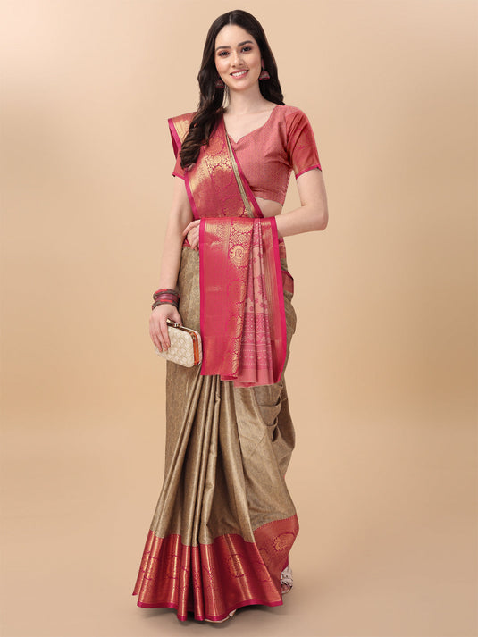 Villagius Jaccard Jaccard Embellished Zari Work Partywear Cotton Silk Beige Colour Kasmiri_Chiku Saree