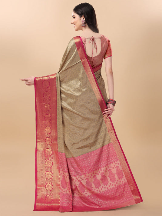 Villagius Jaccard Jaccard Embellished Zari Work Partywear Cotton Silk Beige Colour Kasmiri_Chiku Saree