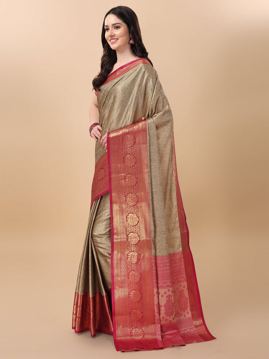 Villagius Jaccard Jaccard Embellished Zari Work Partywear Cotton Silk Beige Colour Kasmiri_Chiku Saree