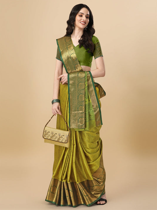 Villagius Jaccard Jaccard Embellished Zari Work Partywear Cotton Silk Lime Colour Kasmiri_Lemon Saree