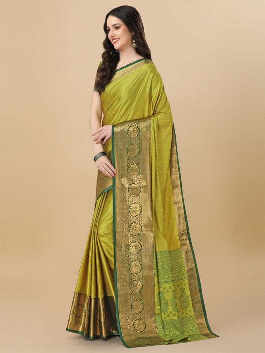 Villagius Jaccard Jaccard Embellished Zari Work Partywear Cotton Silk Lime Colour Kasmiri_Lemon Saree