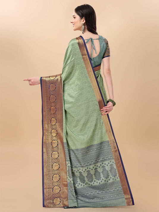 Villagius Jaccard Jaccard Embellished Zari Work Partywear Cotton Silk Pista Colour Kasmiri_Pista Saree