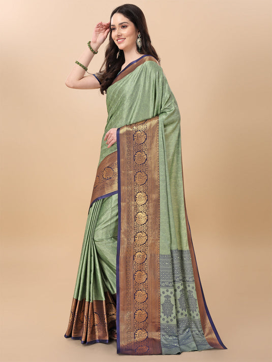 Villagius Jaccard Jaccard Embellished Zari Work Partywear Cotton Silk Pista Colour Kasmiri_Pista Saree