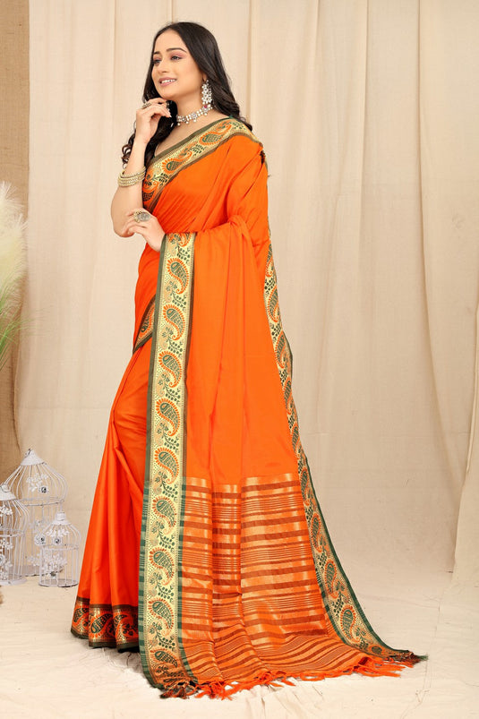 Villagius Woven Zari Border Everyday Cotton Silk Orange Color KERI_ORANGE Saree