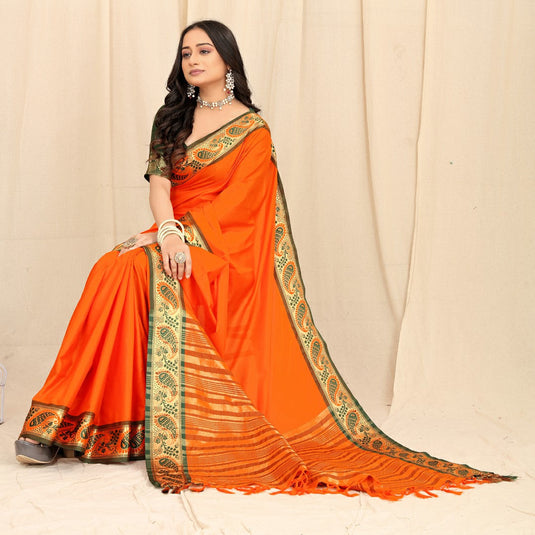 Villagius Woven Zari Border Everyday Cotton Silk Orange Color KERI_ORANGE Saree