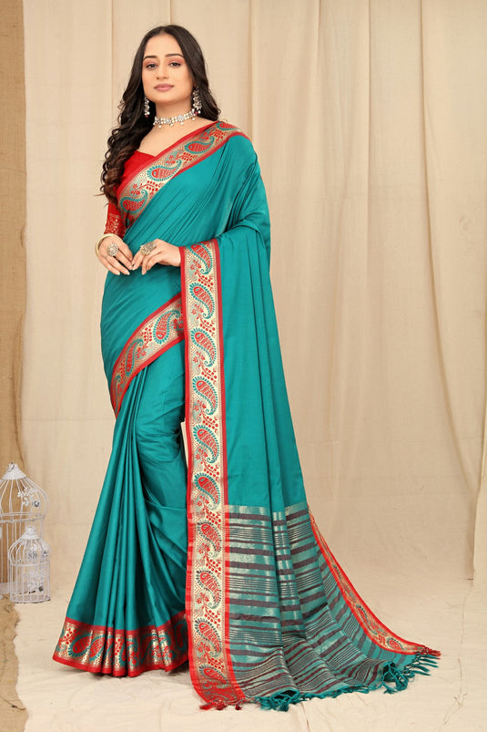 Villagius Woven Zari Border Everyday Cotton Silk Rama Color KERI_RAMA Saree